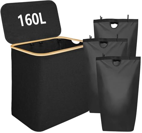 Gabrella 160L Laundry Basket with Lid, 3 Section Laundry Hamper, Collapsible Washing Basket with Removable Bags & Bamboo Handles for Bathroom Bedroom Dorm, Black