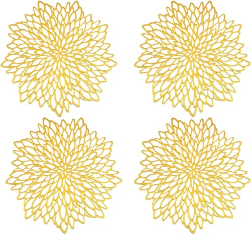 Esayeefo 4 Stück Ausgehöhlte Runde Platzdeckchen Rund PVC Platzset Goldene Vinyl-Tischsets Abwaschbar Gold Platzset Kann als Untersetzer, isolierte Tischmatten und Tischdekoration verwendet Werden