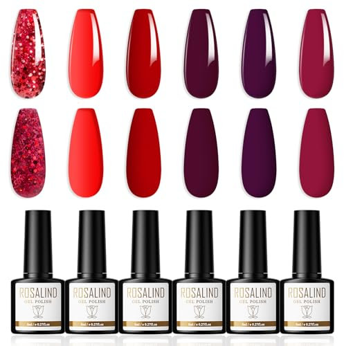 ROSALIND Smalto Semipermanente Unghie Rosso, 6 Colori Smalti Semipermanenti per Unghie Viola Glitter Rosso Brillante Gel Nail Polish Soak Off UV/LED, Nail Art per l'autunno e l'inverno, 8ml
