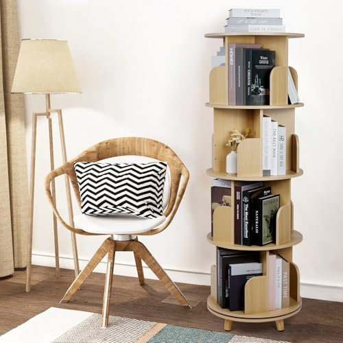 ybaymy Drehbares Bücherregal Kinder Buchregal Holz Bücherregale Drehbar Bücher Regal Rund Bücherschrank für den Kinderzimmer Arbeitszimmer Platzsparend (4-Regal)