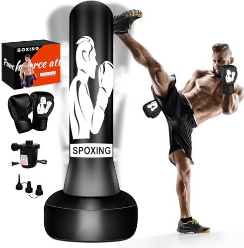Boxsack mit Ständer, 180 cm, freistehend, stabile Boxausrüstung für Erwachsene, maßgeschneidert für männliches MMA, Muay Thai und Fitnesstraining, eine ideale aufblasbare Kickbox-Tasche, präsentiert