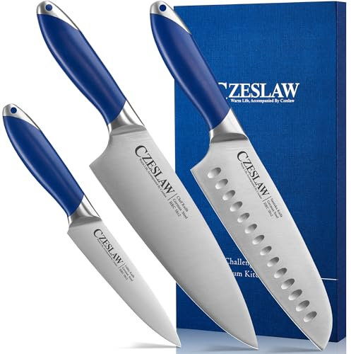 Czeslaw Knife Set, Kitchen Knife Sets - Chef Knife Set 3 Piece, Razor Sharp Professional Japanese Knife Set, Forged from High Carbon German Steel, Full Tang Prussia Blue Handle, Cooking Gifts Cooks