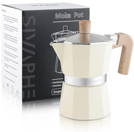 Sivaphe Aluminum Moka Pot 3 Espresso Cups, Percolator Espresso and Coffee Maker, Portable Stovetop Italian and Cuban Café Brewer for Home and Camping White