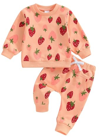 ESSECMBS Ensemble 2 Pièces Bébé Fille avec Motif Fraises, Sweat à Manches Longues et Pantalon Jogging Hiver, Fille Enfant Vetement, Orange, 6-12 Mois