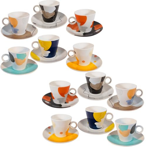 PALUPLUS Set 12 Tazzine Caffè con Piattino in Porcellana da 80 ml, Tazze da Espresso con manico, Lavabili in Lavastoviglie, adatte per Microonde, FANTASIA SPOT -265