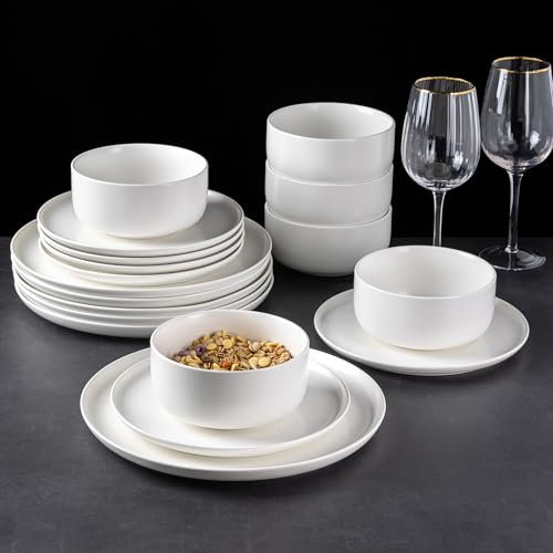 LeRatio Dinner Set for 6, 18 Piece Stoneware Plates and Bowls Set, Chip and Scratch Resistant Reactive Glaze Dinnerware Set, Oven & Dishwasher & Microwave Safe Crockery Set (White, Service for 6)