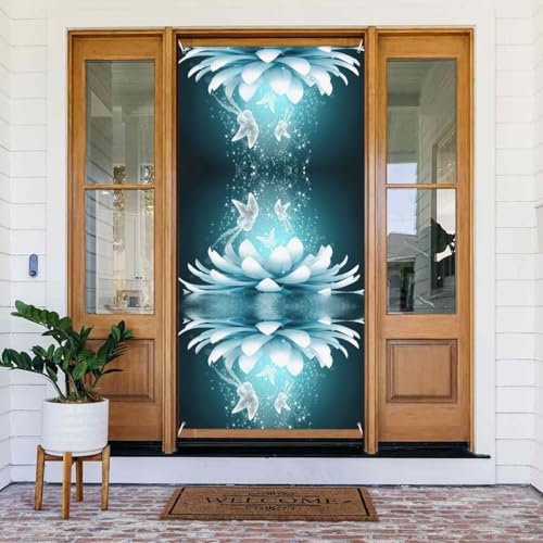JEJEA Lotusblumen-Druck Türabdeckung, Veranda-Banner, Willkommensbanner, Türbanner Dekoration, Innen- und Außendekoration, Weiß, 90 cm x 185 cm