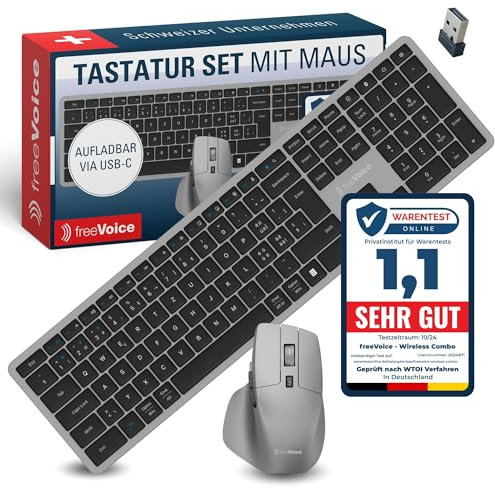 freeVoice Tastatur Maus Set kabellos & wiederaufladbar I Leise Bluetooth Tastatur mit deutschem Layout I Flaches Keyboard inkl. Funkmaus für PC, Laptop, Büro & Home-Office Wireless Keyboard