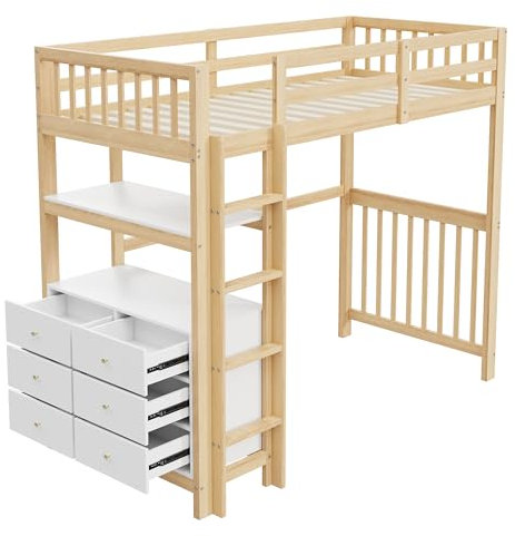 xixiworkshop Hochbett, vertikale Sicherheitsleiter, Schubladen und Regale, hohes Zaundesign, Lattenrost, Bett aus Kiefernholz, Einzelbett aus Holz, Holzfarbe + Weiß, 90×200cm (Holzfarbe + Weiß)