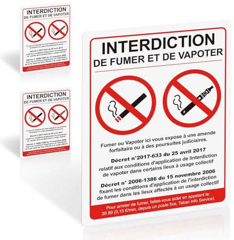 Lot de 3 - Interdiction de fumer et vapoter, Autocollant en vinyle auto-adhésif, impression UV, finition mate, 200x150 mm