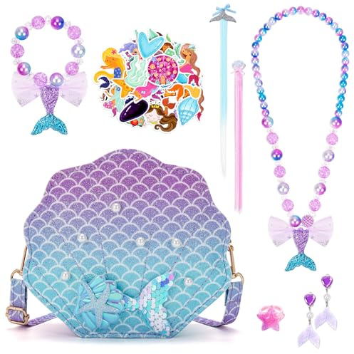 BTHRORO Sirènes Cadeau Sac à Main Bijoux Enfants Fille, Mignon Coquillage Sac Bandoulière Princesse Collier Bracelet Bague Boucles d'oreilles Set pour Fille Habiller Jeu Anniversaire Noël Cadeau