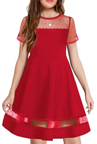 Arshiner Robes Filles d'été Festive Enfant A-Line Élégante Mesh Robe Casual Mode Robe de Fête Col Rond Manches Courtes Robe pour Fille 11-12 Ans Rouge foncé