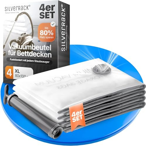 SilverRack Jumbo XL Vakuumbeutel Bettdecken 4 Stück 80x100 cm Handpumpe | Inkl. Etiketten, extra große Vakuumbeutel für Bettdecken, Staubsauger, Kleideraufbewahrung groß