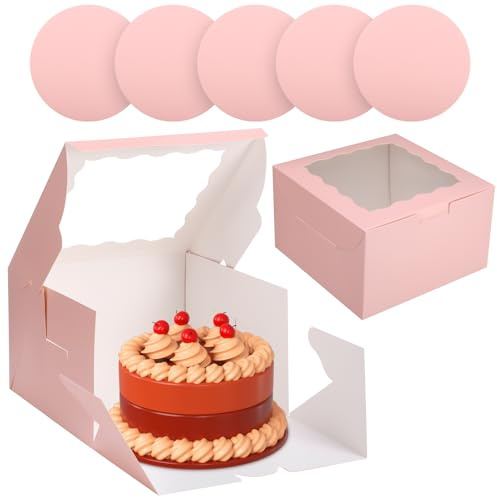 saerryor 8 Pcs 8 Inch Pink Cake Boxes with Window and Cake Boards | Sturdy Cardboard Material, Clear Window Display, Cakes Containers for Bakery Cookies Dessert Wedding Birthday Party