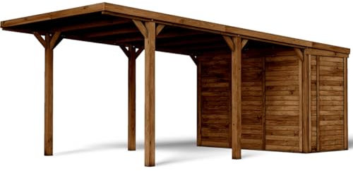 Forest Style - Cochera León 15,9 m² (3,22 x 4,96 x 2,52 m) – Madera de Pino Tratada PEFC® – Aparcamiento Cubierto con Almacenamiento de 3,6 m² – Estructura Robusta y Resistente