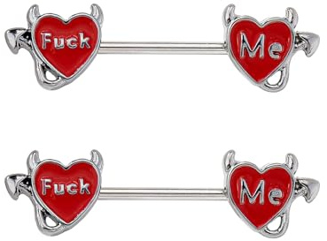 1 Pairs 14G Nipple Bars Heart Devil Letter Nipple Rings, Nipple Rings Stainless Steel Nipple Piercings, Adjustable Black Devil Barbell Heart-Shaped Nipple Piercing for Women and Girls (Fuck-Me))
