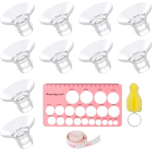 Set di inserti flangiati per tiralatte – 10 pezzi di ricambio in silicone in 5 misure + spazzola per la pulizia e righello – morbido, senza BPA, compatibile con pompe per una migliore vestibilità e