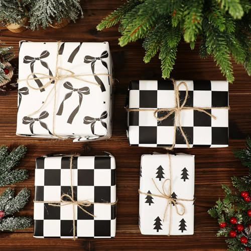 AmazingSpark 3 Rollen schwarz-weißes Weihnachts-Geschenkpapier, 39,9 cm x 10 m, schwarze Schleife, Weihnachtsbaum, kariert, langlebiges Kraftpapier für Geschenkverpackungen, Urlaubsdekoration