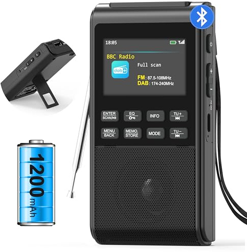 Portable DAB Radio with Bluetooth 5.3, Rechargeable Battery Powered FM Radios Small, Dual Alarms Clock, DAB+ Digital Radio with Colour Display,5W Big Speaker,Support SD Card and USB MP3 Player