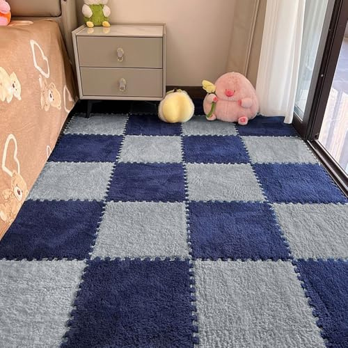 12 Stück Teppich-Quadrate, Puzzle-Bodenmatte, ineinandergreifende Plüsch-Teppichfliesen, rutschfeste EVA-Schaum-Puzzle-Bodenfliesen, schaffen einen sicheren Bereich für Schlafzimmer, Spielzimmer (Grau
