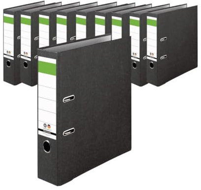 IC-Office 10er Pack Ordner A4 8cm breit schwarz Aktenordner Ringordner Briefordner Büroordner Schlitzordner Blauer Engel grüner Balken für Schule Studium Büro HomeOffice bis 6000 Blatt