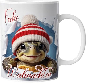 Tasse Frohe Weihnachten | Schildkröte | Personalisiert mit Namen – lustige Tiere, Geschenkidee für Männer, Frauen, Kinder, Mädchen, Jungen, 3D Illusion Wintermotiv Schnee Cartoon