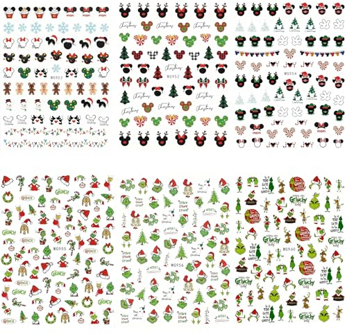 6 Blatt Nagelsticker Weihnachten,Weihnachten Nagel Sticker,Nagelaufkleber Selbstklebend,Nail ArtSticker,Nail ArtSticker Dekoration,Cartoon Nagel stickers,Funny Cartoon Green Monster Design