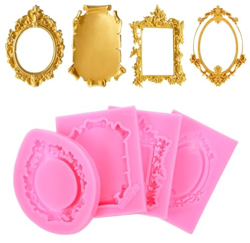 4 Pcs Vintage Frame Mold Set, Baroque Picture Photo Frame Molds, Fondant Molds for Crafts DIY, Frames Silicone Mold for Chocolate Cupcake Topper Cake Dessert Candy Decoration