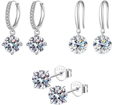 Epoch World 3 Paar Ohrringe Silber 925 Hängend Damen Creolen mit Anhänger Zirkonia Schmuck Ohrstecker Silber Ohrringe für Damen Frauen Mädchen Kleine Huggies Kreolen Creolen mit Geschenkbox