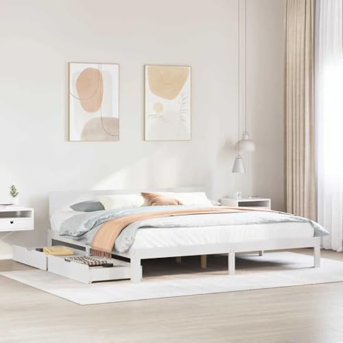 QJBSAVVA Massivholzbett Weiß 180x200 cm Kiefer mit 2 Schubladen Rollen Lattenrost Jugendbett Doppelbett Modern & Langlebig für Schlafzimmer Gästezimmer