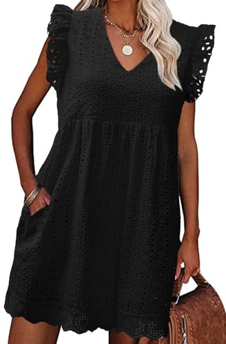 heekpek Robe Ete Femme Coton Col V Robe Courte sans Manches à Volants Boheme Chic et Elegant Légère Short Robes de Plage avec Poches, Noir, L