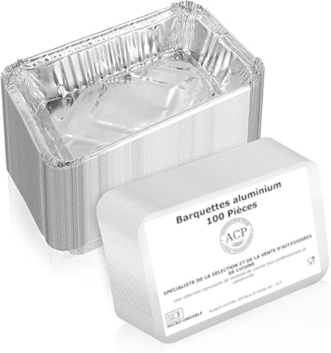 Lot de 100 Barquettes en Aluminium Jetables avec Couvercle pour Transport de Nourriture - Congélation - Barbecue - Cuisson au four 430ML