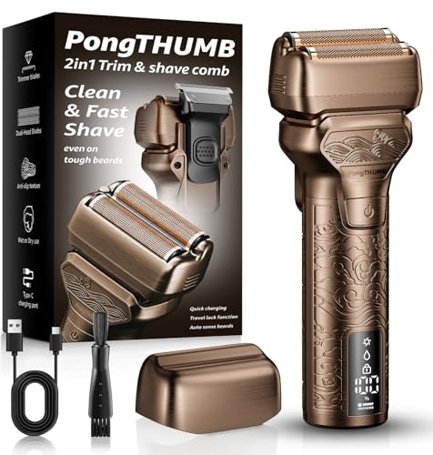 PongTHUMB Electric Razor for Men with Pop-Up Trimmer: Rechargeable Cordless Foil Shaver for Face - Wet/Dry/Anti-Slip Waterproof Shavers with LED Display - Metal Handheld Design Dark Brown