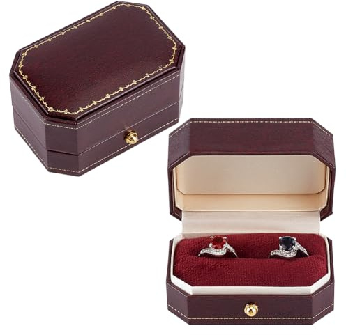 MAYJOYDIY Vintage Double Ring Box 75x50x43mm PU Leather Wedding Ring Holder Antique Style Engagement & Promise Rings Case Jewelry Gift Box for Proposal Ceremony Photography, Dark Red