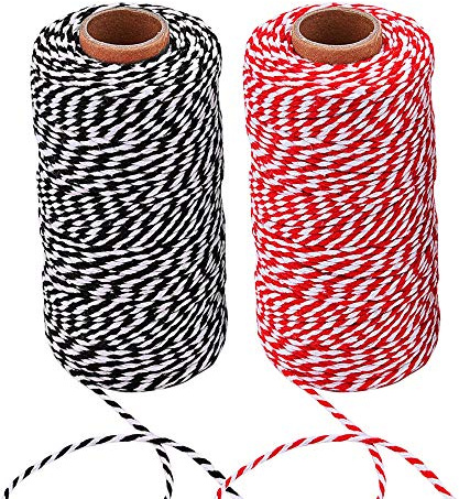 FOGAWA 200m Rot und Weiß Bindfaden 2mm Bäcker Schnur Baumwollgarn Schwarz Bastelschnur Baumwolle Schnur für Backen Fleisch anrichten Handarbeiten Geschenke Verpacken 2 Rollen