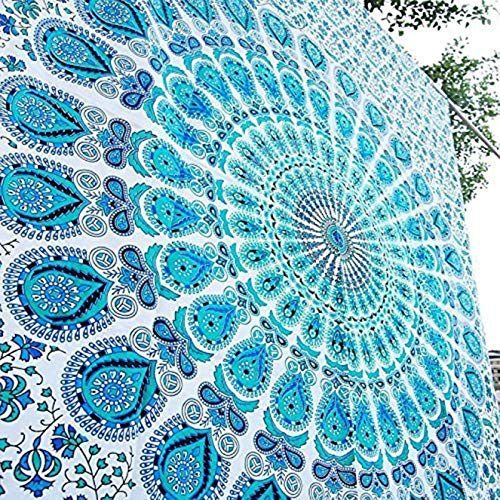 raajsee White Blue Tapestry Hippie Boho Beach Blanket Mandala Roundie Indian Cotton Throw - Home Décor Indie Rug Yoga Mat Meditation Picnic Rugs 210X220 CMS