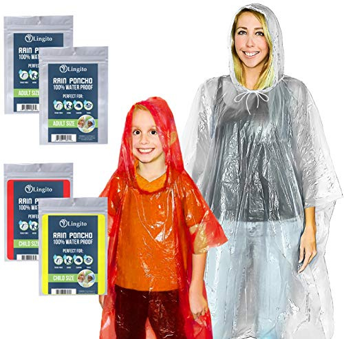 Lingito Emergency Rain Ponchos Family Pack | 2 Adults & 2 Children Ponchos | 100% Water-Proof with Drawstring Hood and Cuffed Sleeves | Great for Camping, Hiking, and Travel