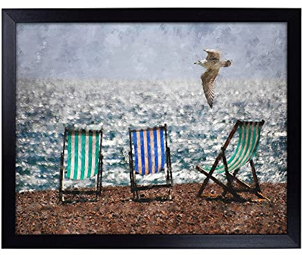 Lap Tray with Cushion | Seagull Over Brighton Beach Deckchairs Painting | Padded Bean Bag Cushion | For Eating, Working, Crafting, Laptop | Portable Table Desk