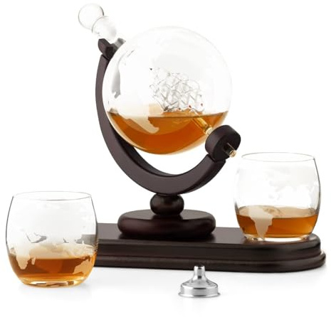 Maverton Whisky Karaffe Globus mit Schiff, 850 ml - 2er Whiskygläser Set - Whisky Decanter - Geschenk für Frauen und Männer - Geburtstag - Geschenkidee