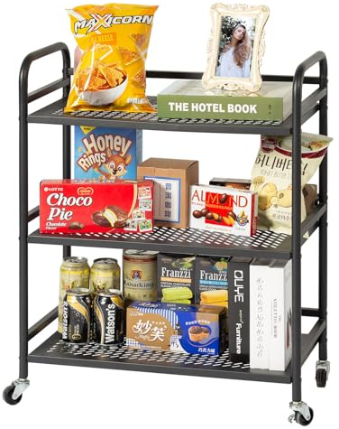 HDANI Servierwagen,3 Ebenen Rollwagen Metall,Schwarz,60x30x75cm Gitternetz | Küchenwagen 4 lenkbare Rollen(2X bremsbar),Mehrzweckwagen für kleine Räume,Küche,Esszimmer,Bar,Bäder,10kg pro Ebene