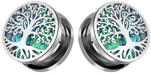 TBOSEN 1 Paar Lebensbaum aus Edelstahl mit Opal eingelegt Schraubohren Tunnel Stecker Gauges Expander Piercing Modisches Geschenk 0g-1Zoll in 8mm-25mm
