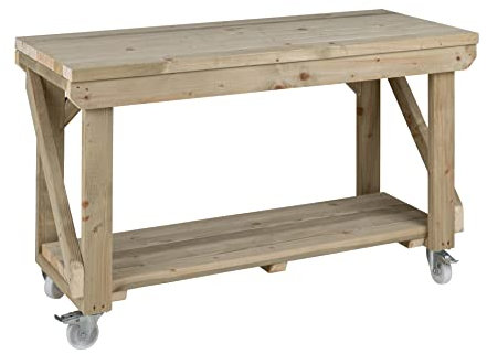 Workbench With Wheels Indoor/Outdoor - Pressure Treated - Heavy Duty - Handmade Garage Workshop Work Table (4ft)