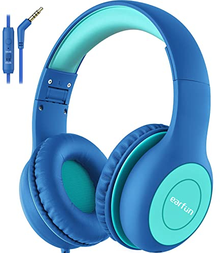 EarFun Kids Headphones with Mic, Wired Headphones Kids 85/94dB Volume Limit, Sharing Function, Stereo Sound Adjustable Headband Children Headphone for School/Travel/Phone/Tablet, Blue Green