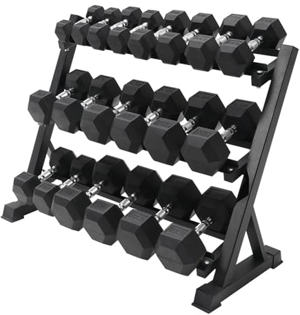 RITFIT Rubber Hex Dumbbells Set with Rack, 180-780LB Heavy-Duty Cast Iron Core, Knurled Chrome Handle, Space-Saving Storage Rack for Home Gym Strength Training