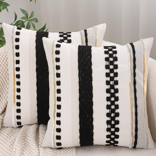 2er Set Kissenbezug Chenille 45x45cm Schwarz Streifen Boho Dekokissen | Sofakissen Streifen Dekokissen Boho Deko Kissenbezüge für Sofa Wohnzimmer Schlafzimmer Outdoor Kissen