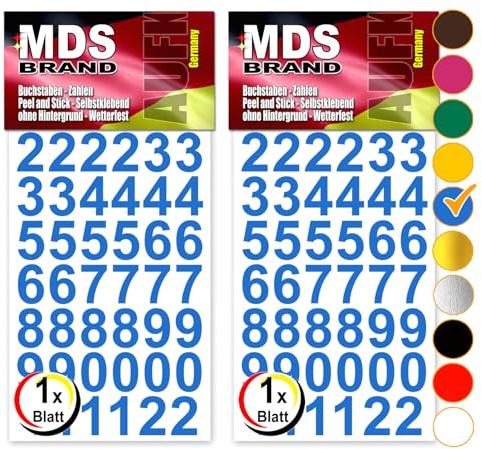 MDS Brand Design 2cm Zahlen Aufkleber | Selbstklebende Klebezahlen | Vinyl Hausnummern zum Aufkleben für Briefkasten, Mülltonnen Aufkleber, Buro Aufkleber, Zahlen für Außen & Innen Peel (Blau)