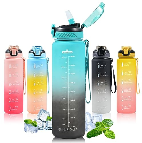 SEASEVEN Sports 1L Water Bottle with Straw,Leak-Proof&Bpa-Free(Cyan Black) | 32oz Drinks Bottle,1 Litre Water Bottles with Time Markings,Girls Boys Waterbottle for Gym,cycling