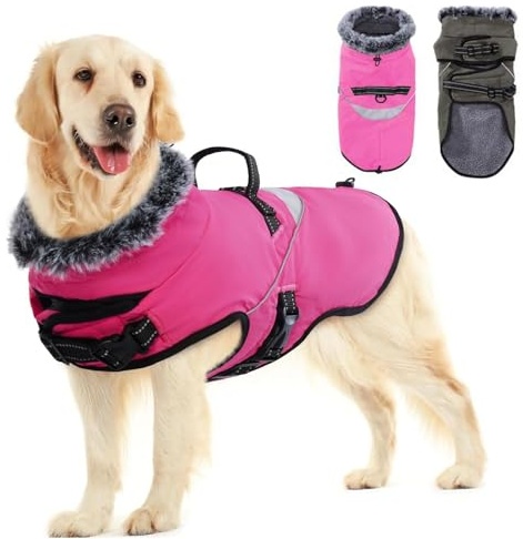 LIANZIMAU Manteau pour Chien imperméable avec Harnais, Manteau d'hiver pour Chien,Chaud avec réflecteurs de Petite, Moyenne et Grande Taille, Temps Froid, Rose, XXL