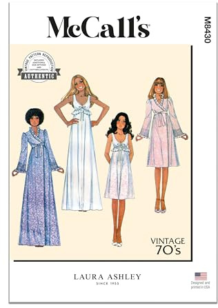 McCall's M8430A Misses' Vintage 1970's Robe and Nightgown Sewing Pattern Kit by Laura Ashley, Design Code M8430, Sizes XS-S-M