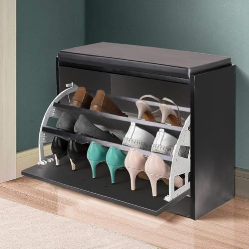 BAKAJI Banco Zapatero ahorrador de Espacio de Madera con Puerta abatible Triple Profundidad y Asiento de Piel sintética, baúl de 60 x 30 x 48 cm (Negro)